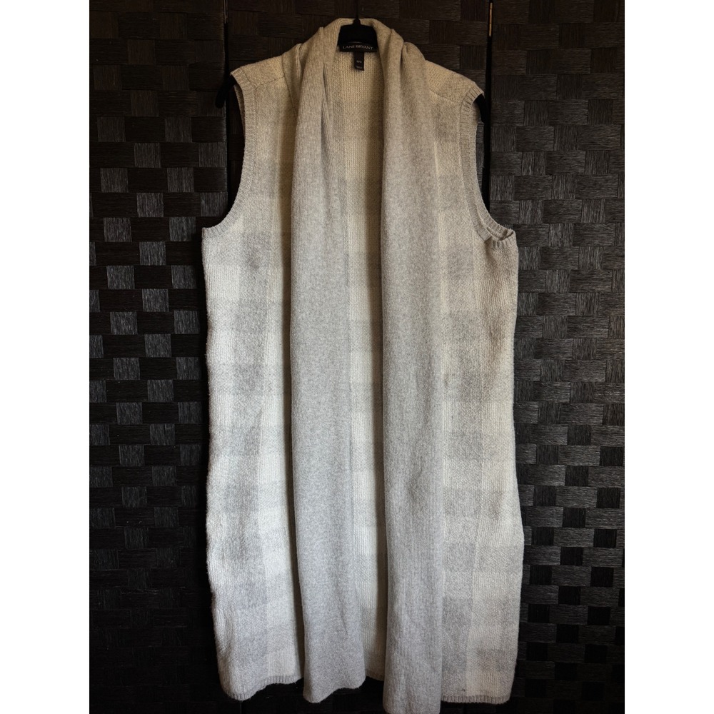 Lane Bryant Cardigan Vest Womens 10/12 Grey Plaid Longline Open Front  Pockets